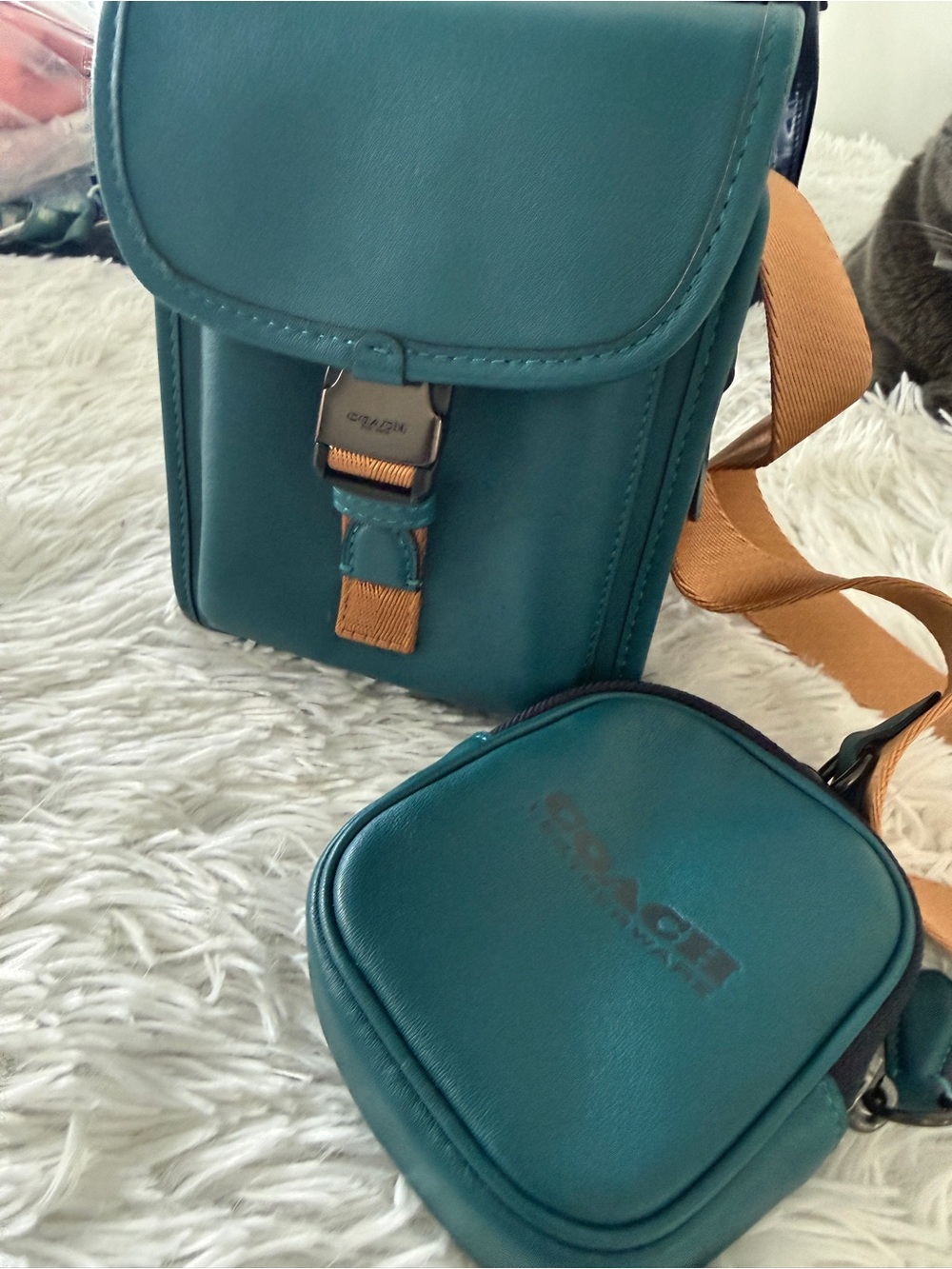 Coach Teal Leather Crossbody Bag with small pouch and tan strap